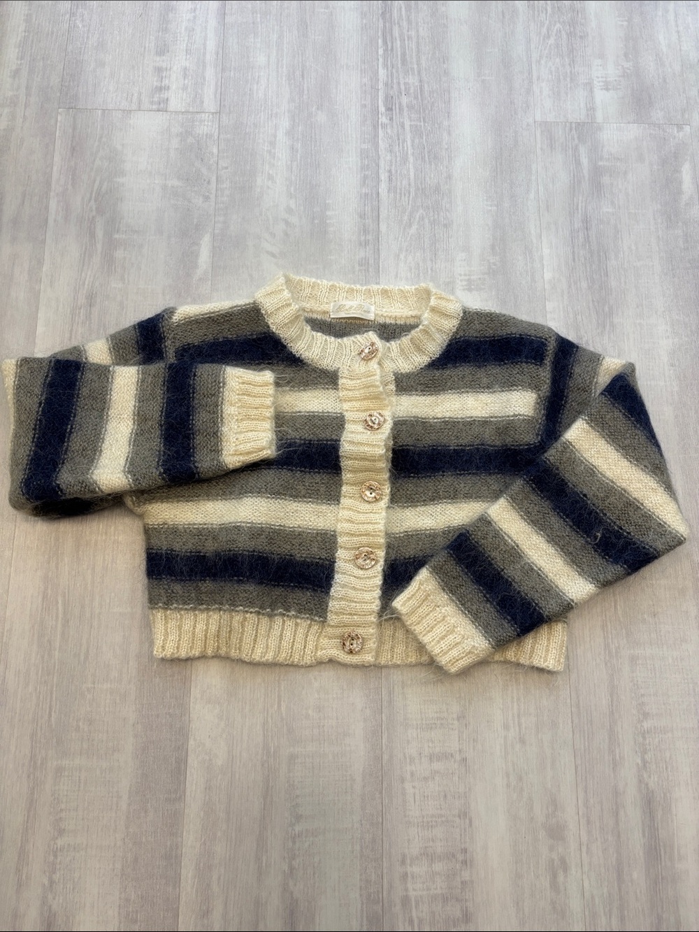 Bell Rose Striped Copped Button-Up Wool Cardigan Sweater in Cream and Navy